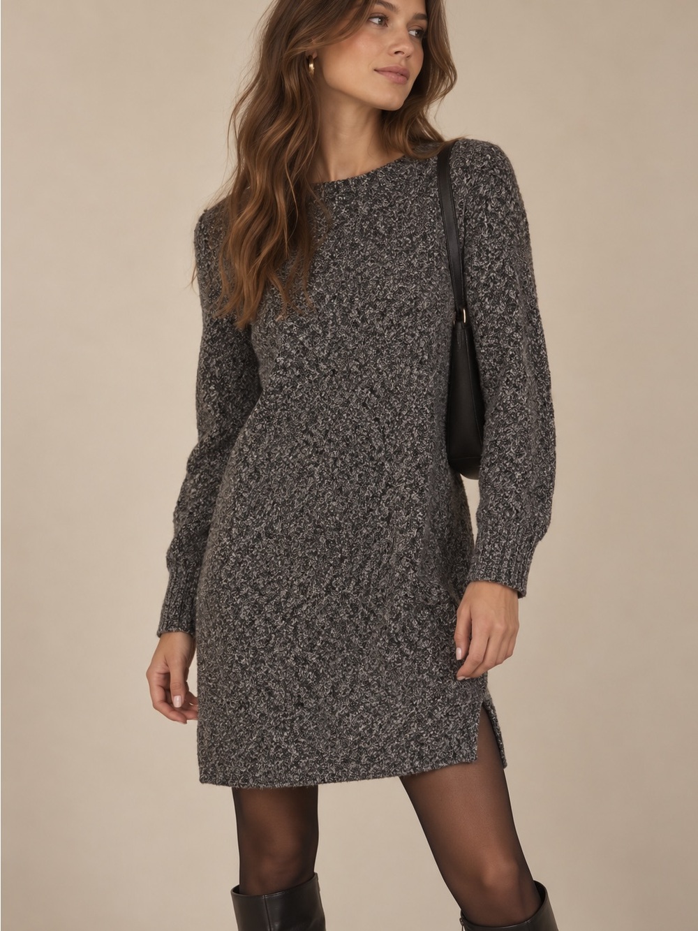 Nicole Miller Classic Gray Textured Knit Long Sleeve Sweater Dress Size Medium